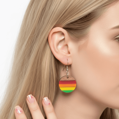 Multi-Colored Resin & Wood Silvertone Stripped Round Hook Earrings