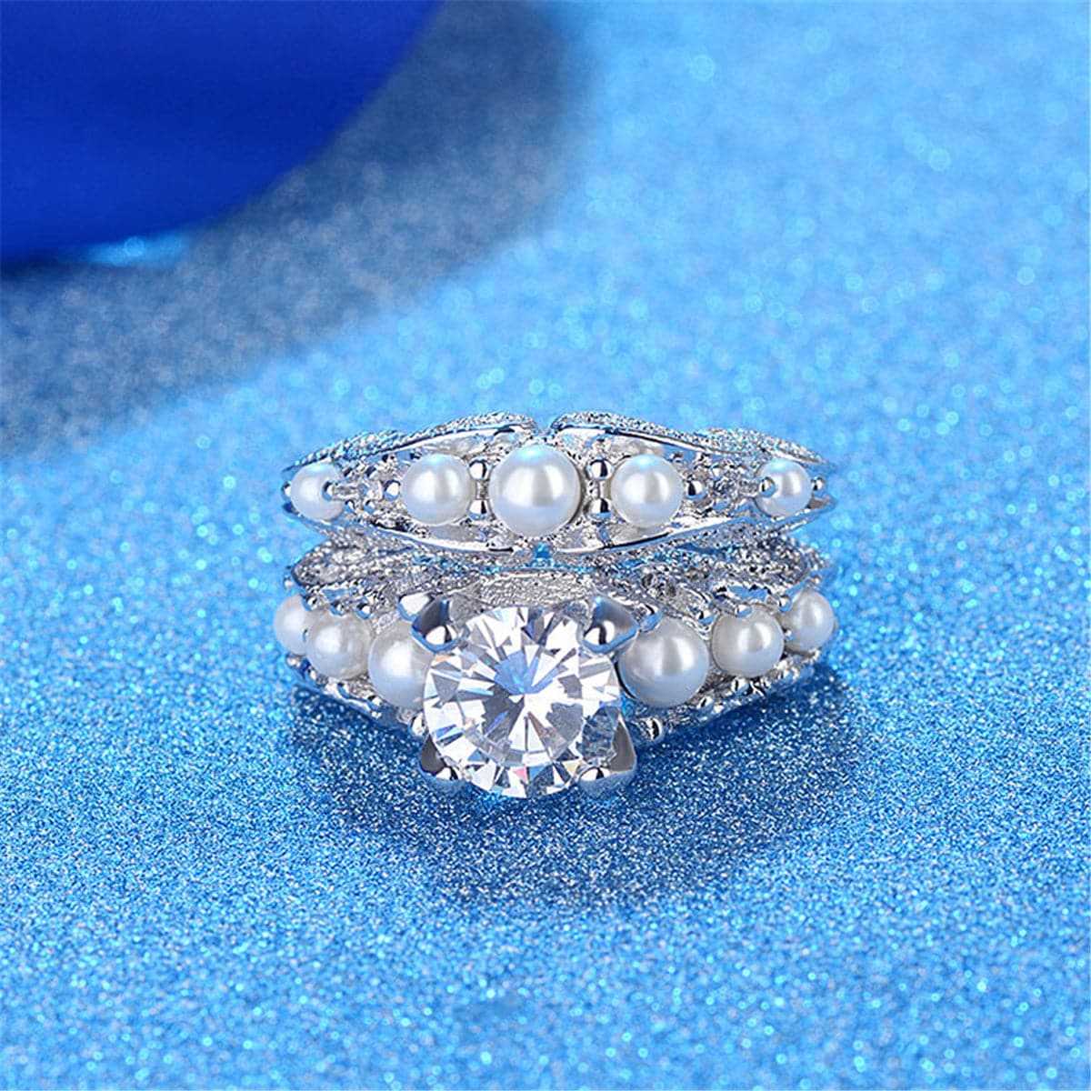 Crystal & Pearl Silvertone Botany Ring Set