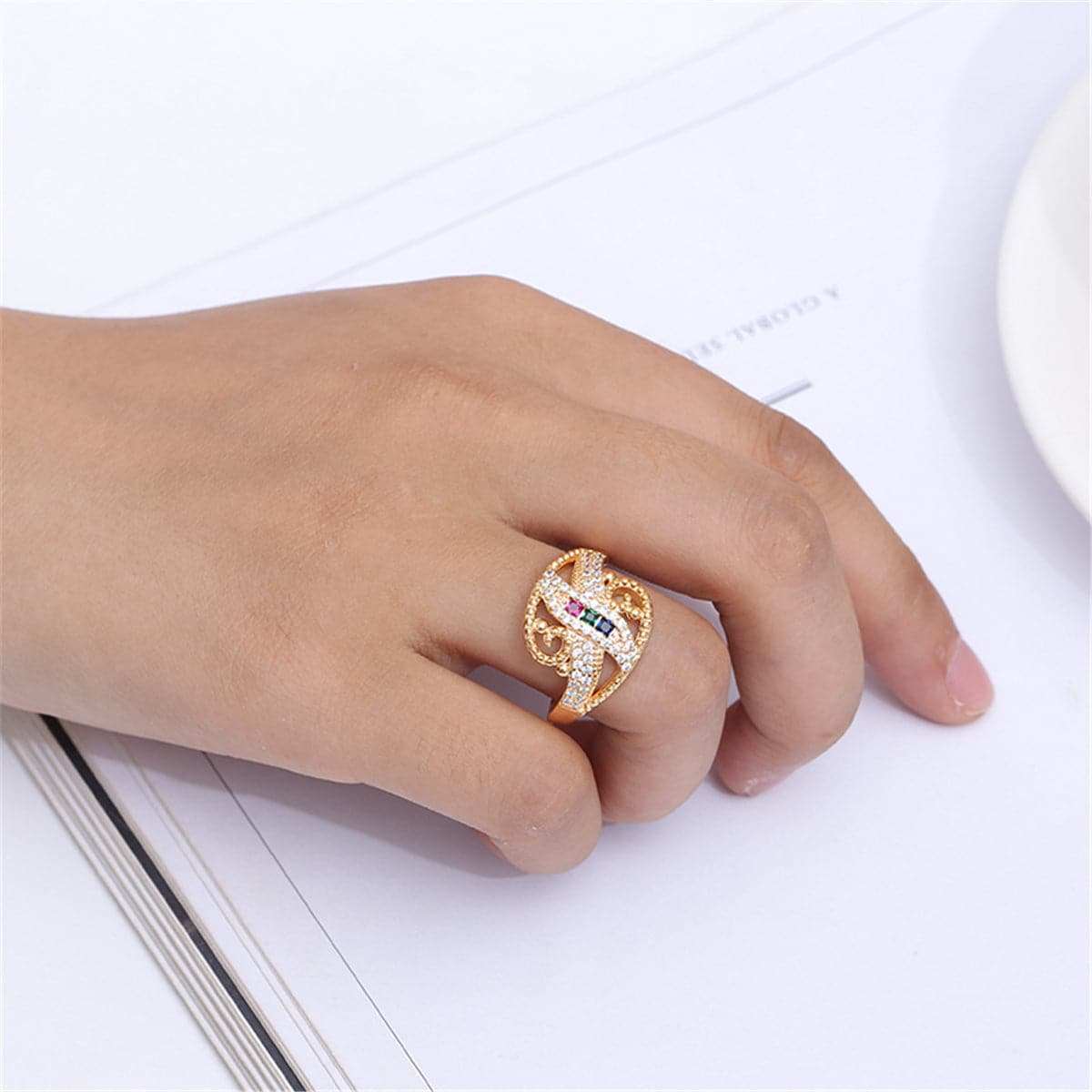 Rainbow Crystal & Cubic Zirconia Leaf Ring-2