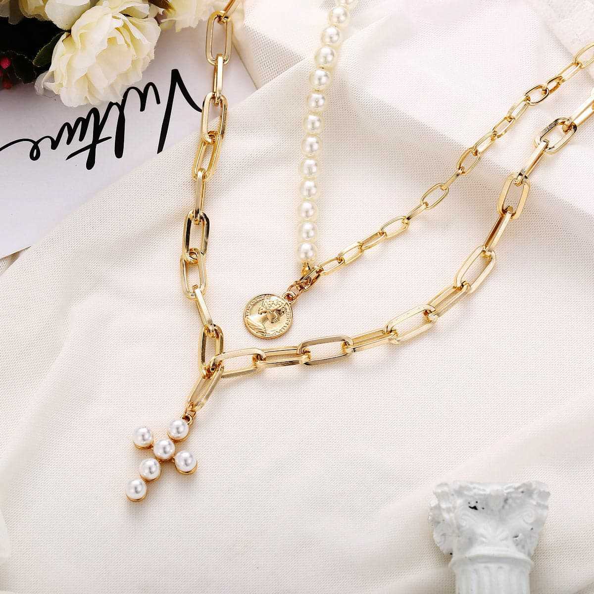 Pearl & Goldtone Cross Layered Pendant Necklace