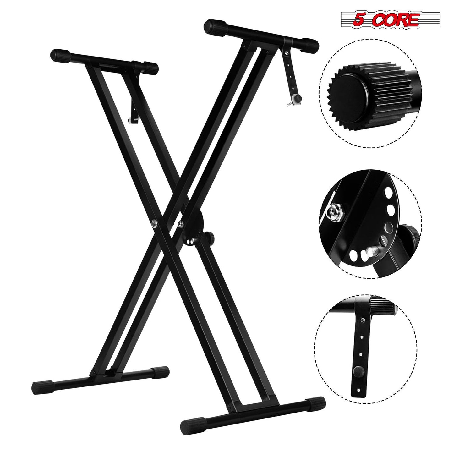 5 Core Piano Keyboard Stand Double X Style Heavy Duty Adjustable Digital Electric Piano Riser Durable & Sturdy Music Synthesizer Holder Stands for 61 76 88 Keys W Secure Locking Strap - KS 2X - Black