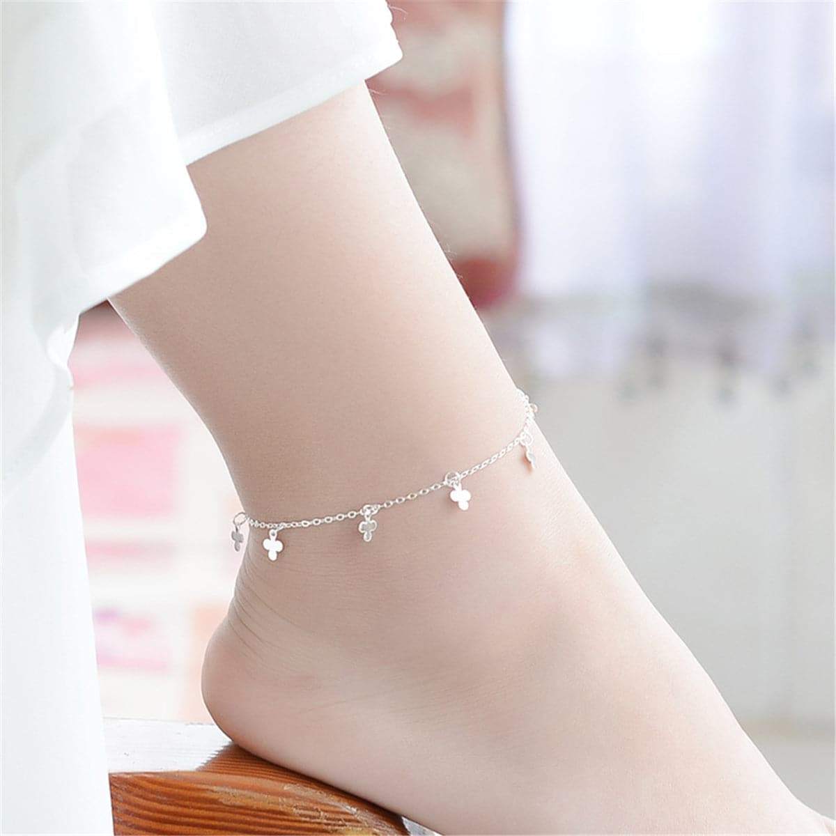 Silvertone Clover Charm Anklet