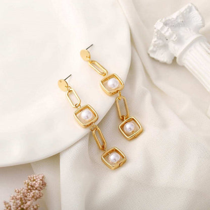 Pearl & Goldtone Geometric Drop Earrings