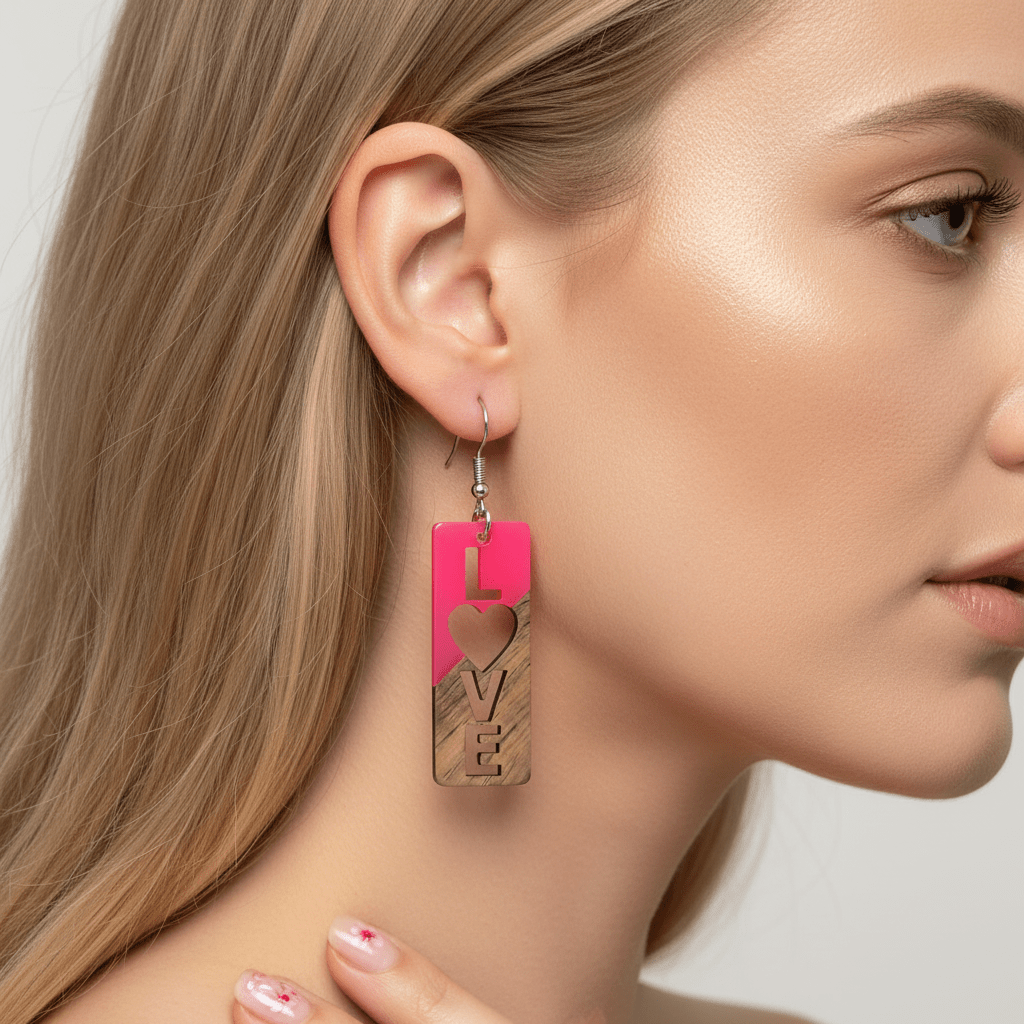 Rose Resin & Wood Silvertone 'Love' Hook Earrings