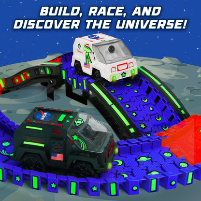 Blue, gray and red tracks, black and gray space toys(cars, tunnel, rocket)-