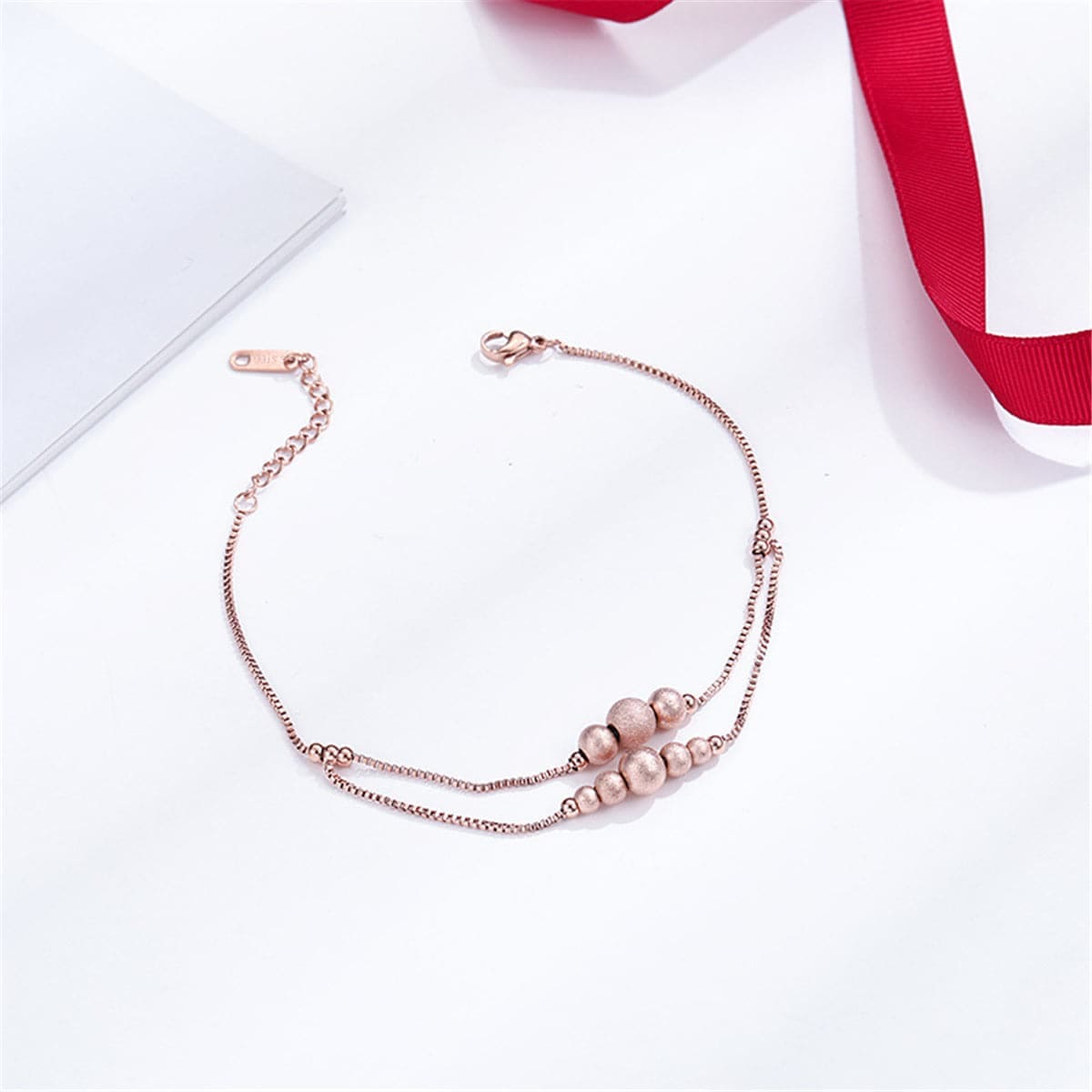 Rose Goldtone Frosted Bead Layer Anklet