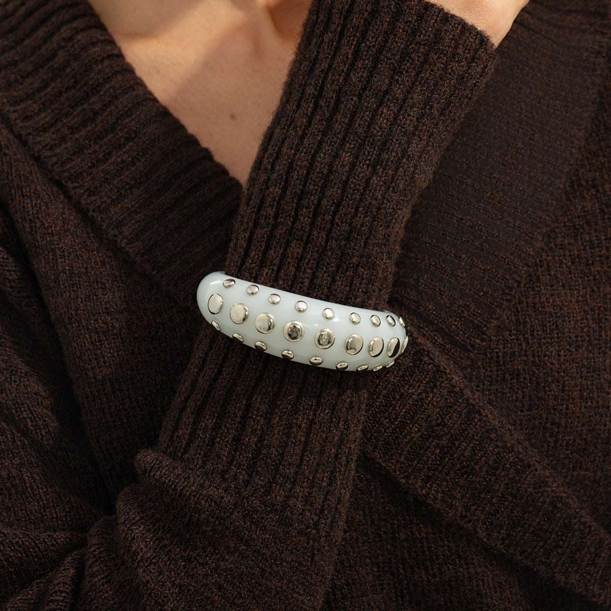 White Resin & Silvertone Layered Spot Cuff