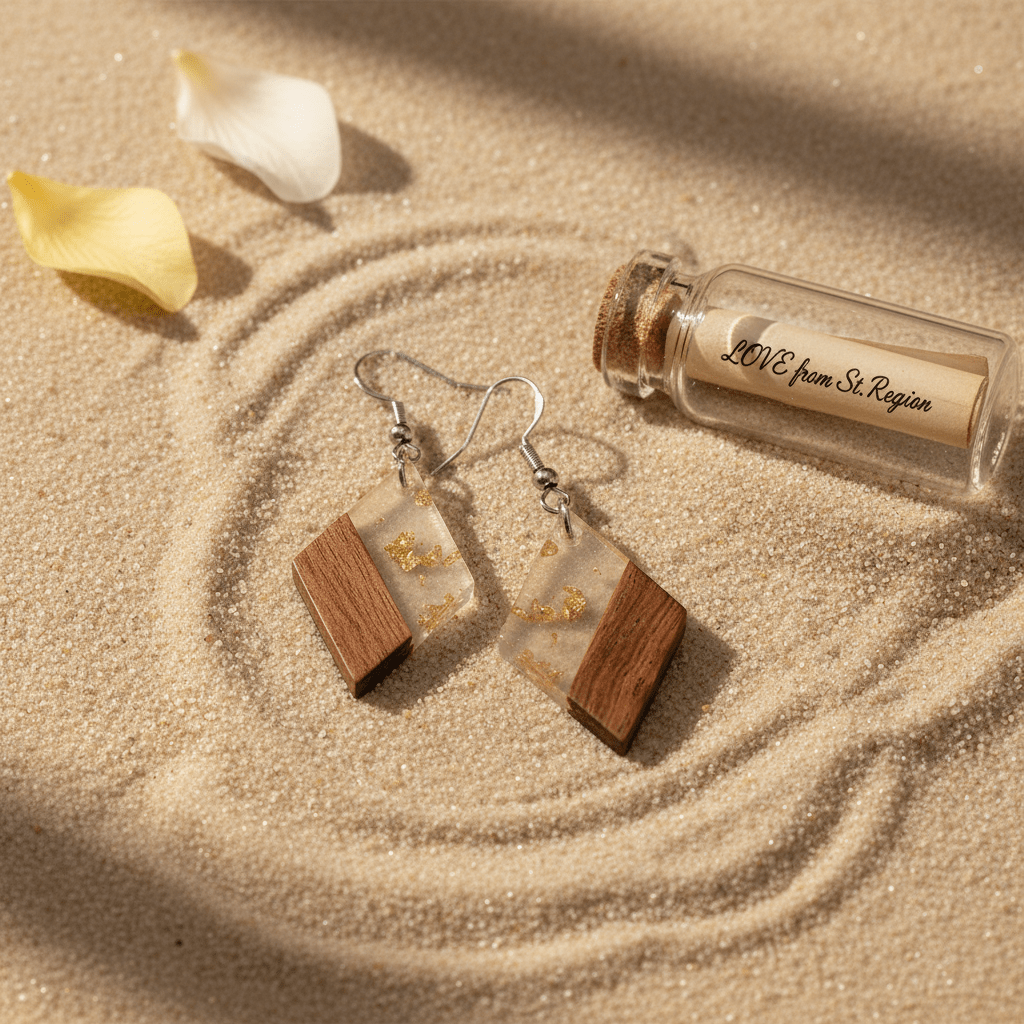 Clear Resin & Wood Silvertone Gold Foil Rhombus Hook Earrings