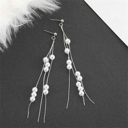 Pearl & Silvertone Cluster Tassel Dangle Earrings