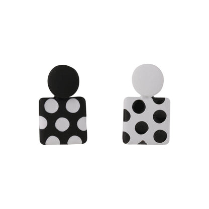 Black Enamel & Silvertone Spot Square Drop Earrings