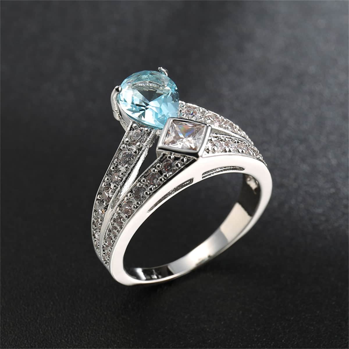 Sea Blue Crystal & Cubic Zirconia Pear-Cut Ring-3
