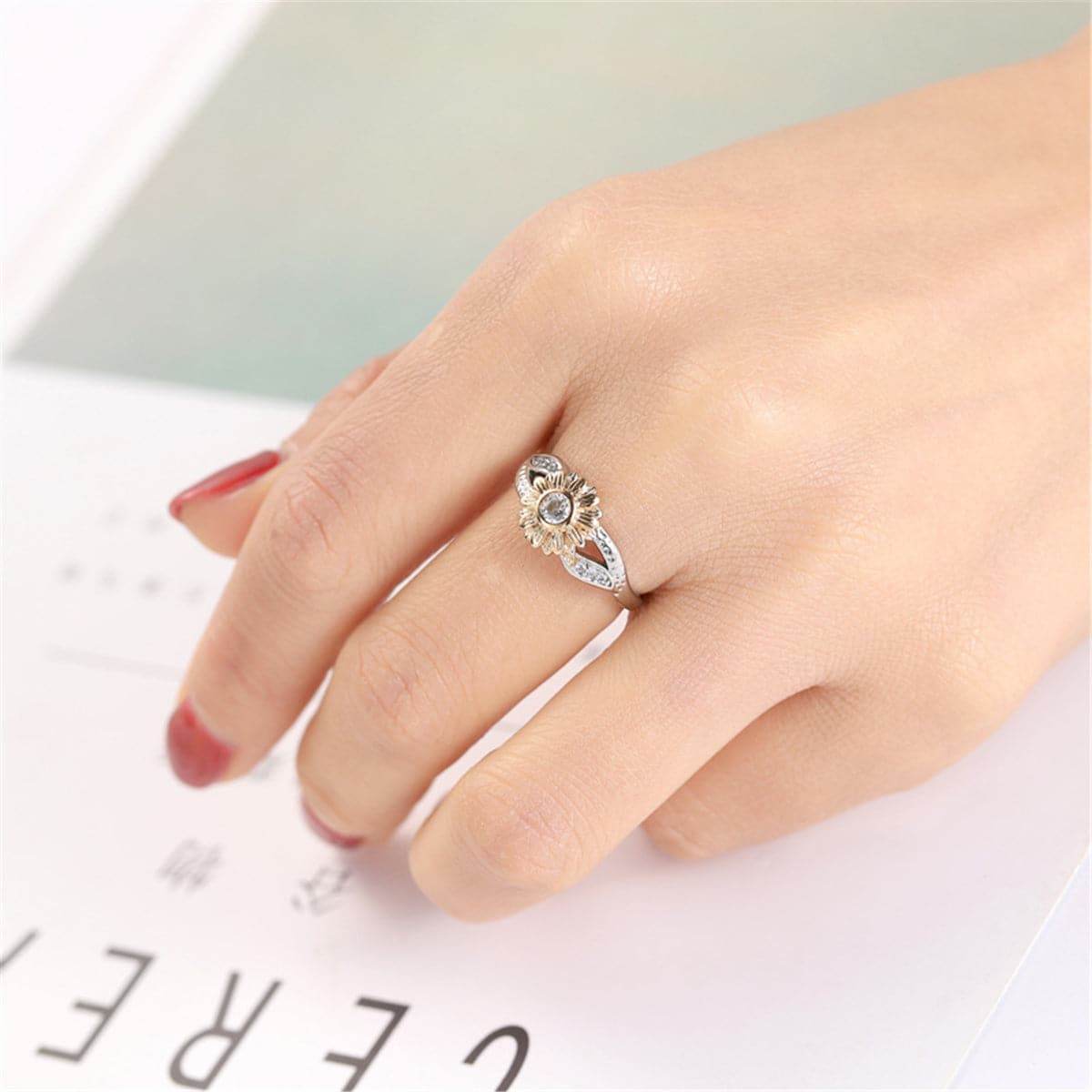 Cubic Zirconia & Two-Tone Sunflower Band Ring-7