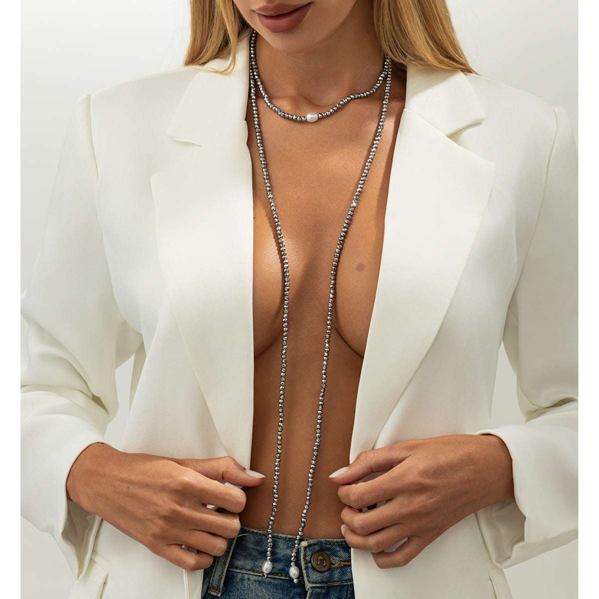 Gray Acrylic & Pearl Long Chain Necklace