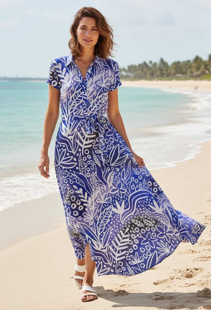 Lily by Firmiana Cap Sleeve Collared Maxi Dress with Waist Tie Blue White / 1XL