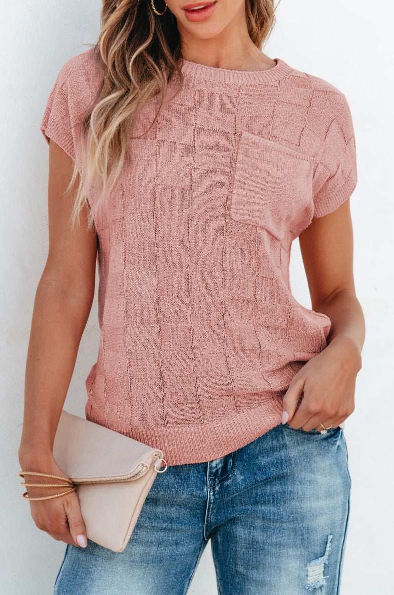 Andrea Lattice Textured Knit Short Sleeve Sweater - Dusty Pink / S - 4/6