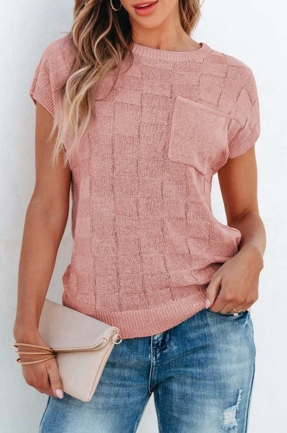 Andrea Lattice Textured Knit Short Sleeve Sweater - Dusty Pink / S - 4/6
