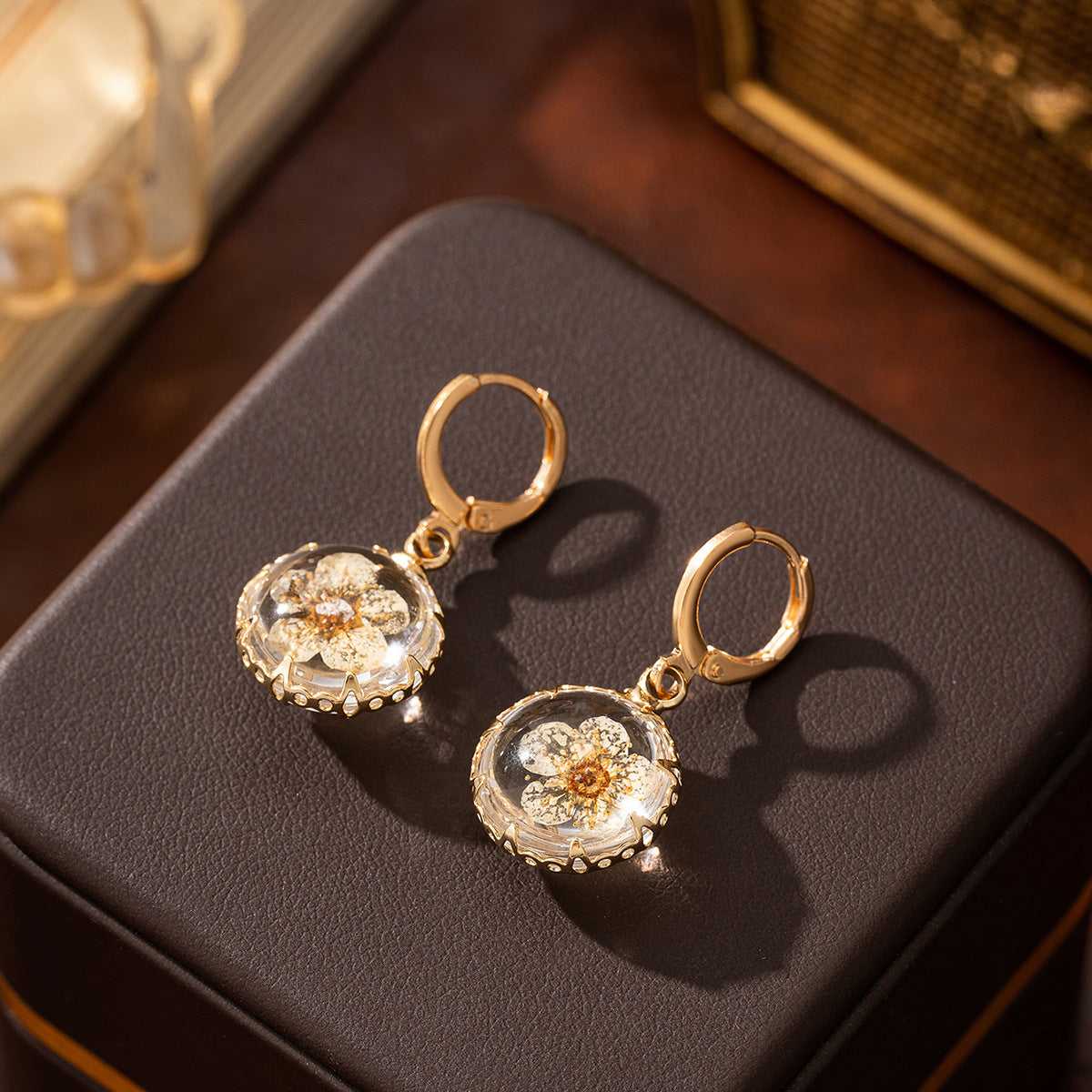 Yellow Pressed Flower & Goldtone Round Huggie Earrings
