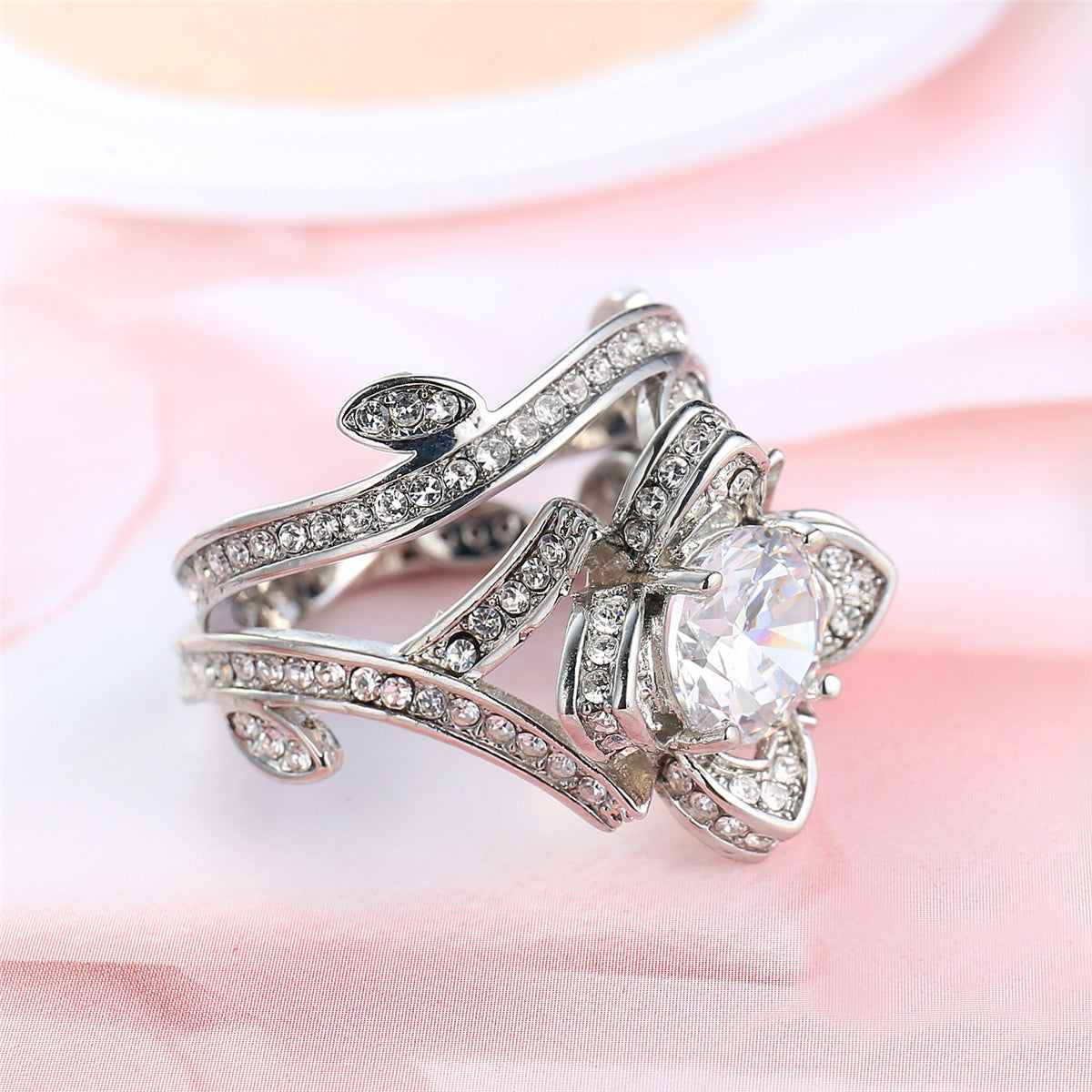 Crystal & Cubic Zirconia Silvertone Flower Ring Set-6
