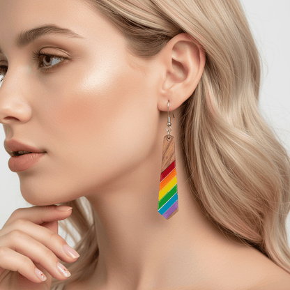 Multi-Colored Resin & Wood Silvertone Stripped Rhombus Hook Earrings