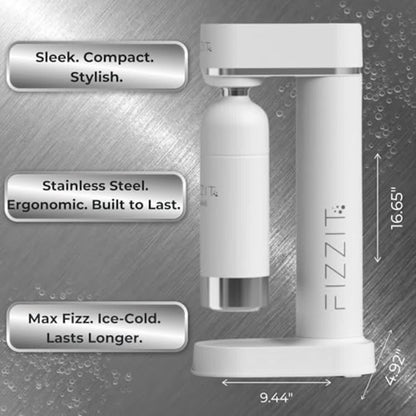 White Fizzit Stainless Steel Sparkling Water Maker Bundle | Includes Soda Maker, CO2 Cylinder, & 12-Flavor Variety Pack | Customizable Carbonated Water Machine, Reusable Bottle & Eco-Friendly