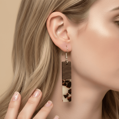 Brown Resin & Wood Silvertone Leopard Print Bar Hook Earrings