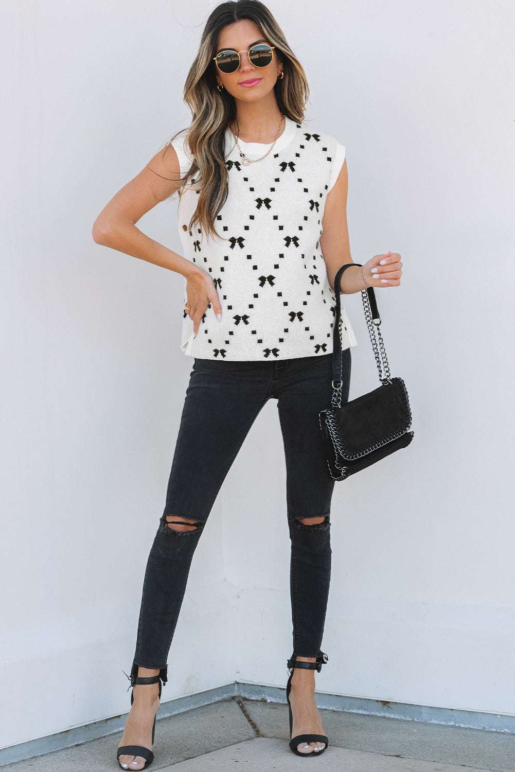 Reagan Pattern Side Cropped Sweater - White / L - 12/14