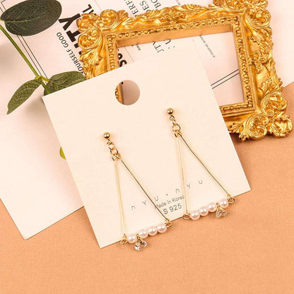 Pearl & Goldtone Charm Open Triangle Drop Earrings