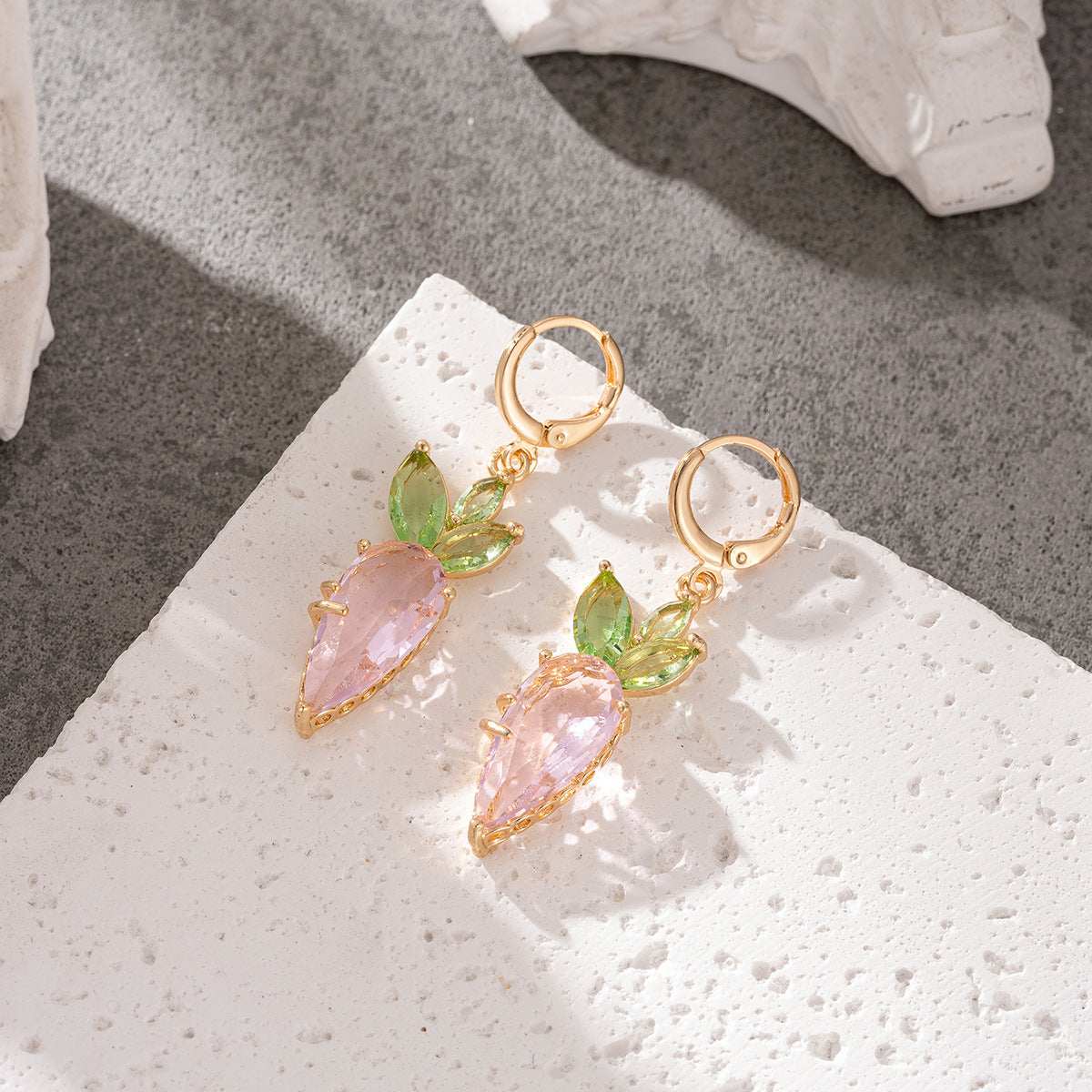 Pink Crystal & Goldtone Carrot Huggie Earrings