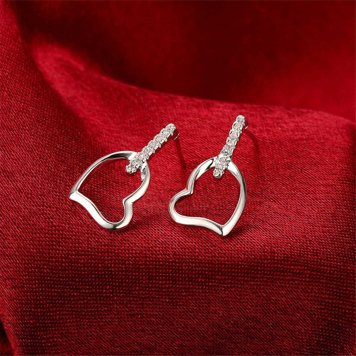 Cubic Zirconia & Silvertone Hollow Heart Drop Earrings