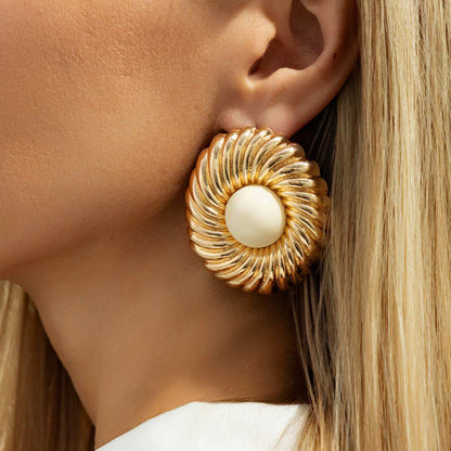 Beige Resin & Goldtone Floral Round Stud Earrings
