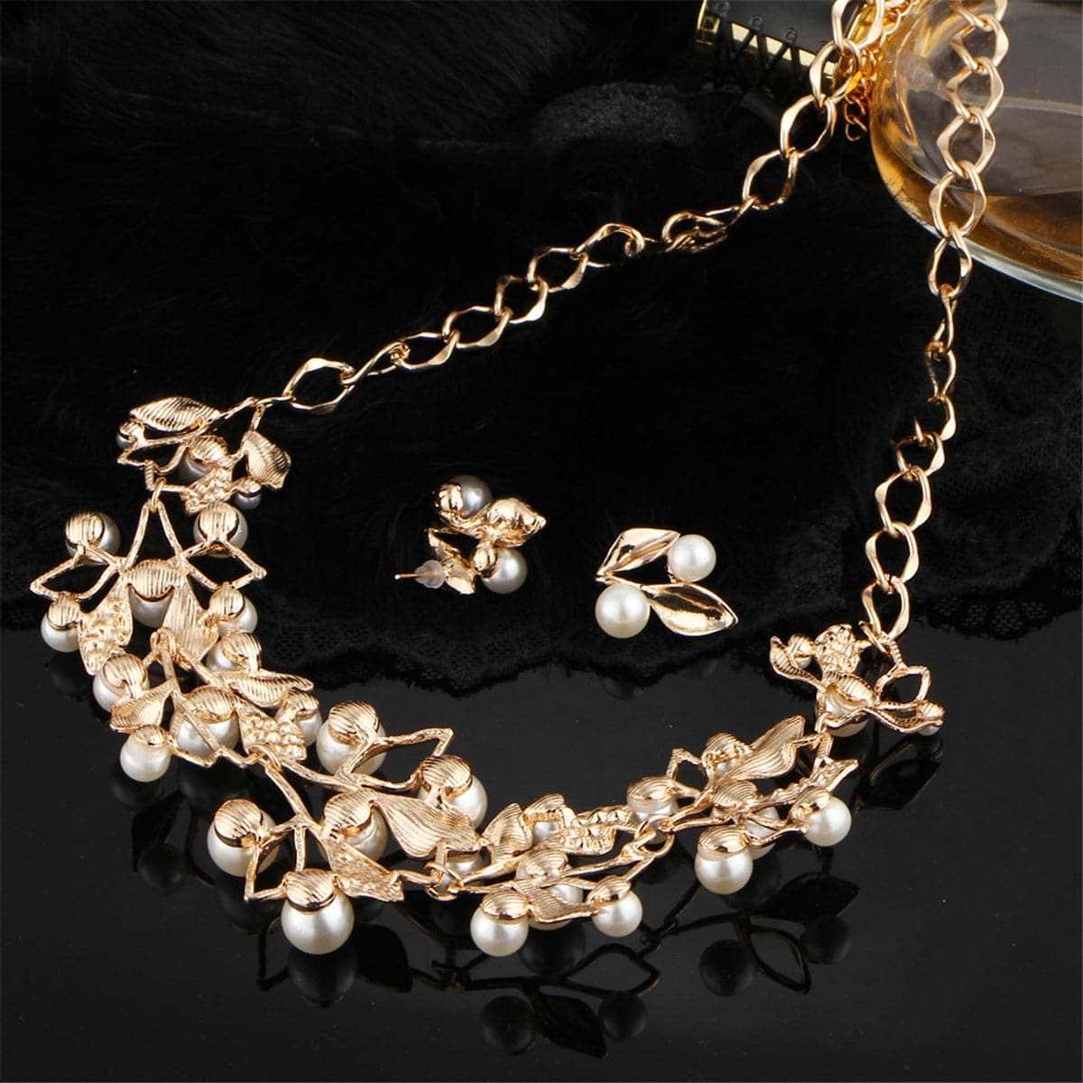 Pearl & Cubic Zirconia Goldtone Leaf Statement Necklace Set