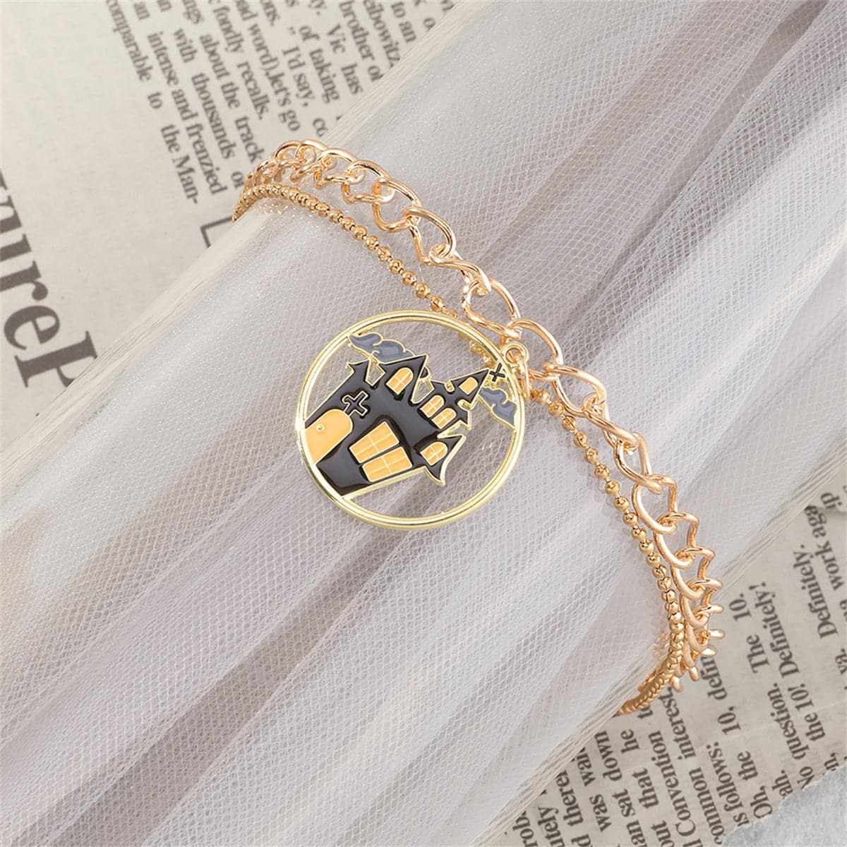 Black Enamel & Goldtone Castle Layered Charm Bracelet