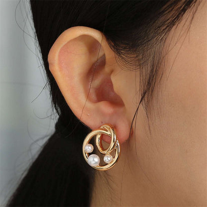 Pearl & Goldtone Interlock Circle Stud Earrings
