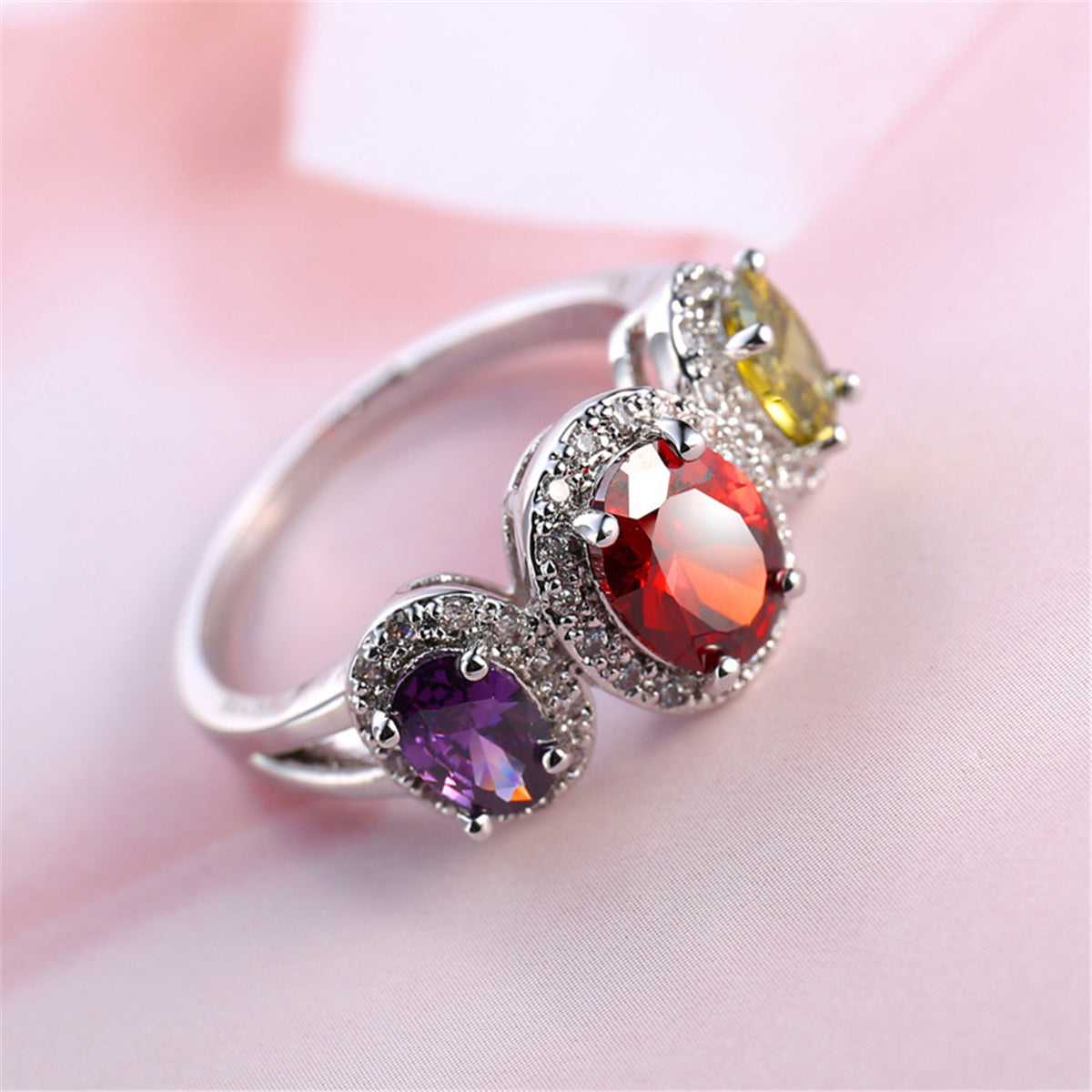 Multicolor Crystal & Cubic Zirconia Silvertone Oval Band Ring-4