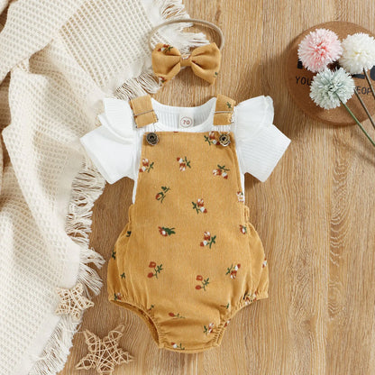 Girls' Floral Corduroy Suspender Pants Set with Headband