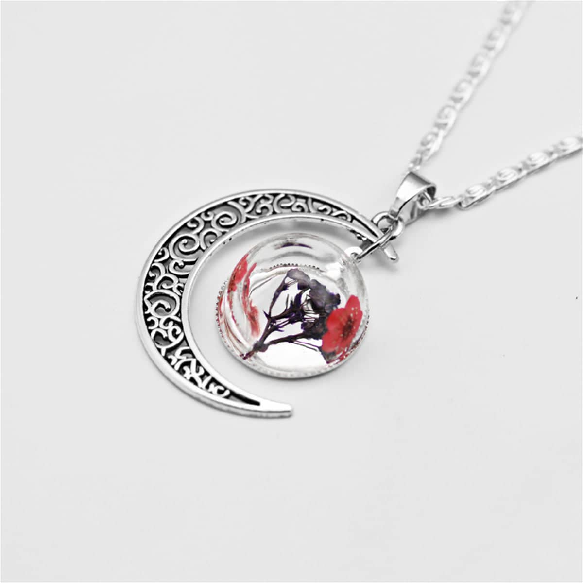 Red Pressed Flower & Silvertone Filigree Moon Pendant Necklace