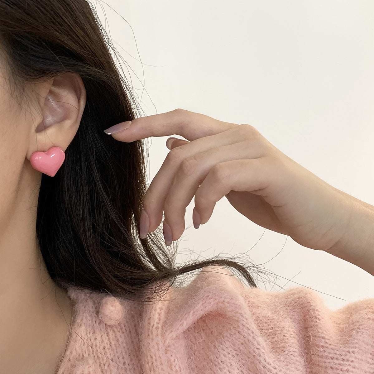 Pink Enamel & Silvertone Heart Stud Earrings