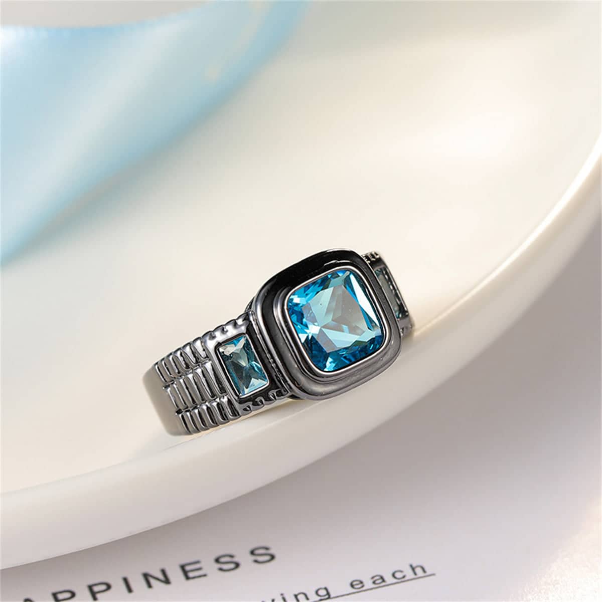Sea Blue Crystal Square Ring-3