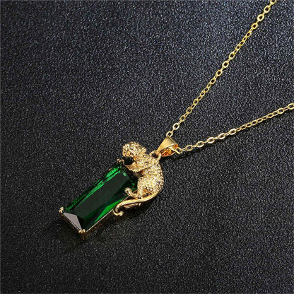 Green Crystal & Goldtone Leopard Pendant Necklace