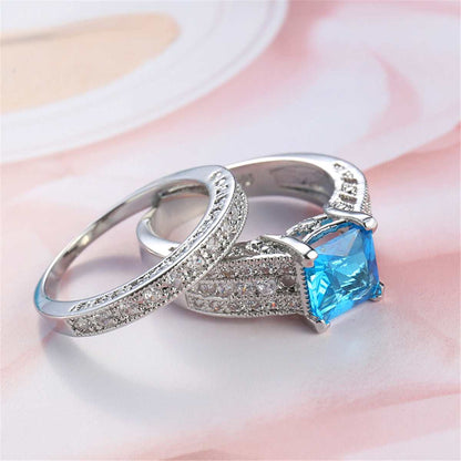 Sea Blue Crystal & Cubic Zirconia Band Ring Set-1