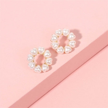 Heart-shape Pearl & Goldtone Circle Stud Earrings