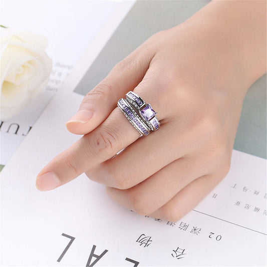 Purple Crystal & Cubic Zirconia Princess-Cut Band & Ring Set