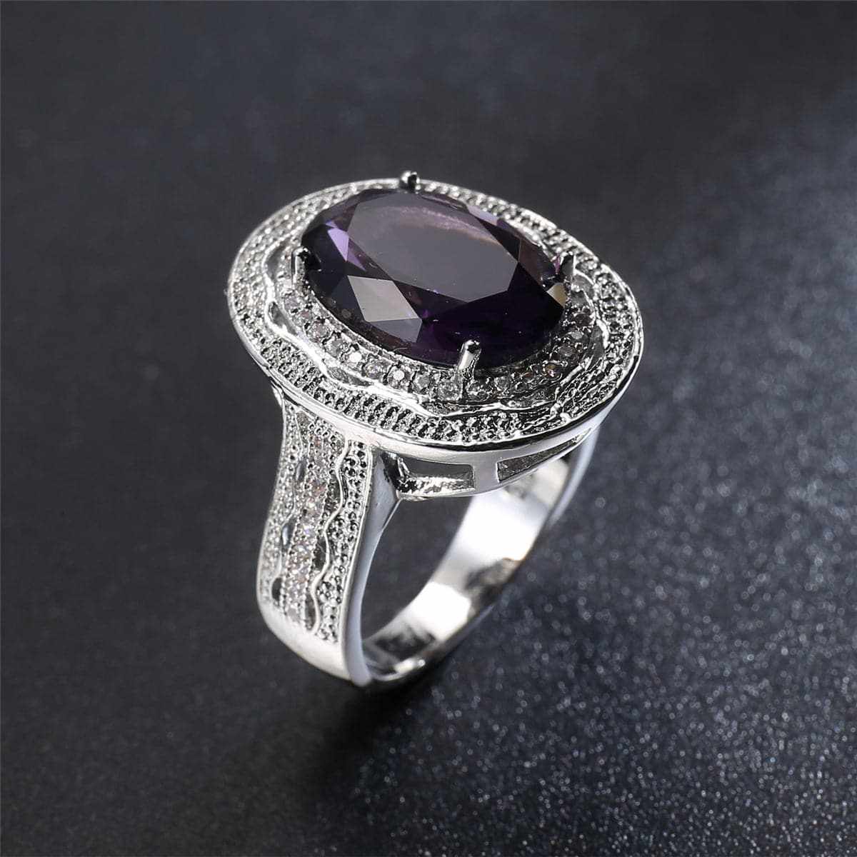Purple Crystal & Cubic Zirconia Oval Halo Ring