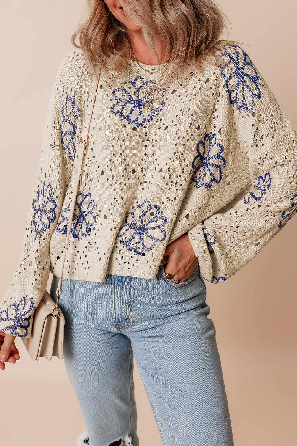 Harper Eyelet Drop Shoulder Sweater - Beige / M - 8/10