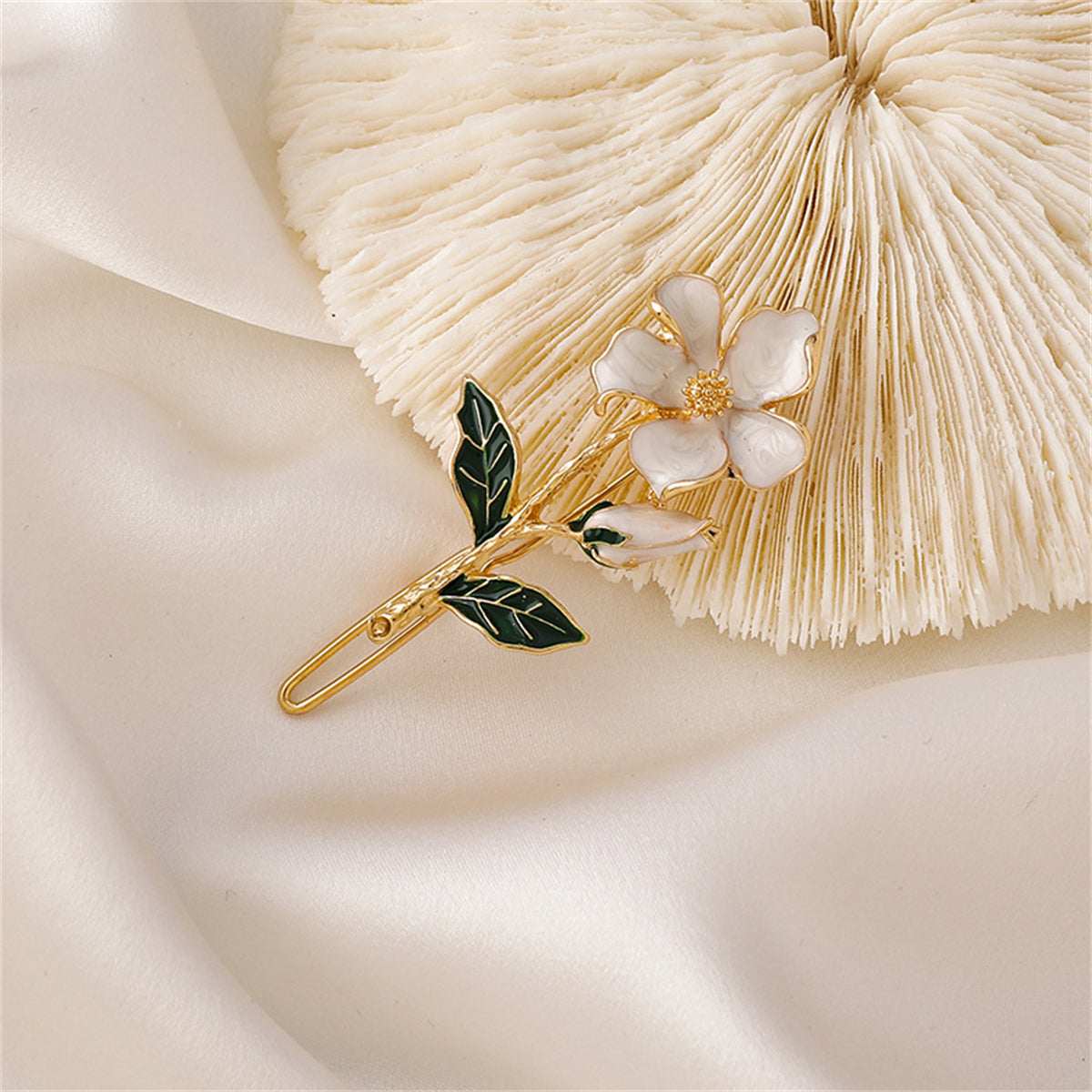 Green Enamel & Goldtone Flower Hair Clip