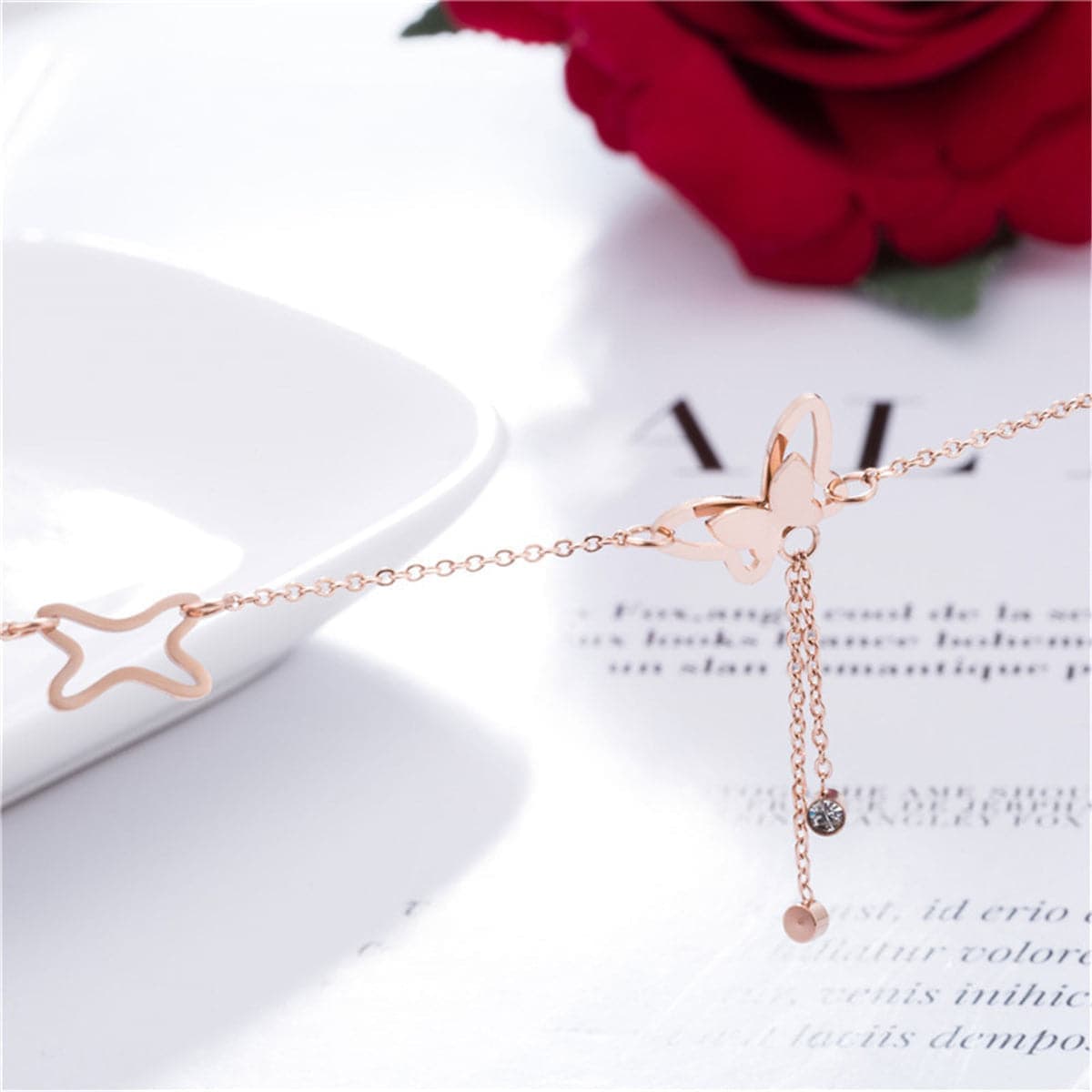 Cubic Zirconia & Rose Goldtone Butterfly Charm Anklet