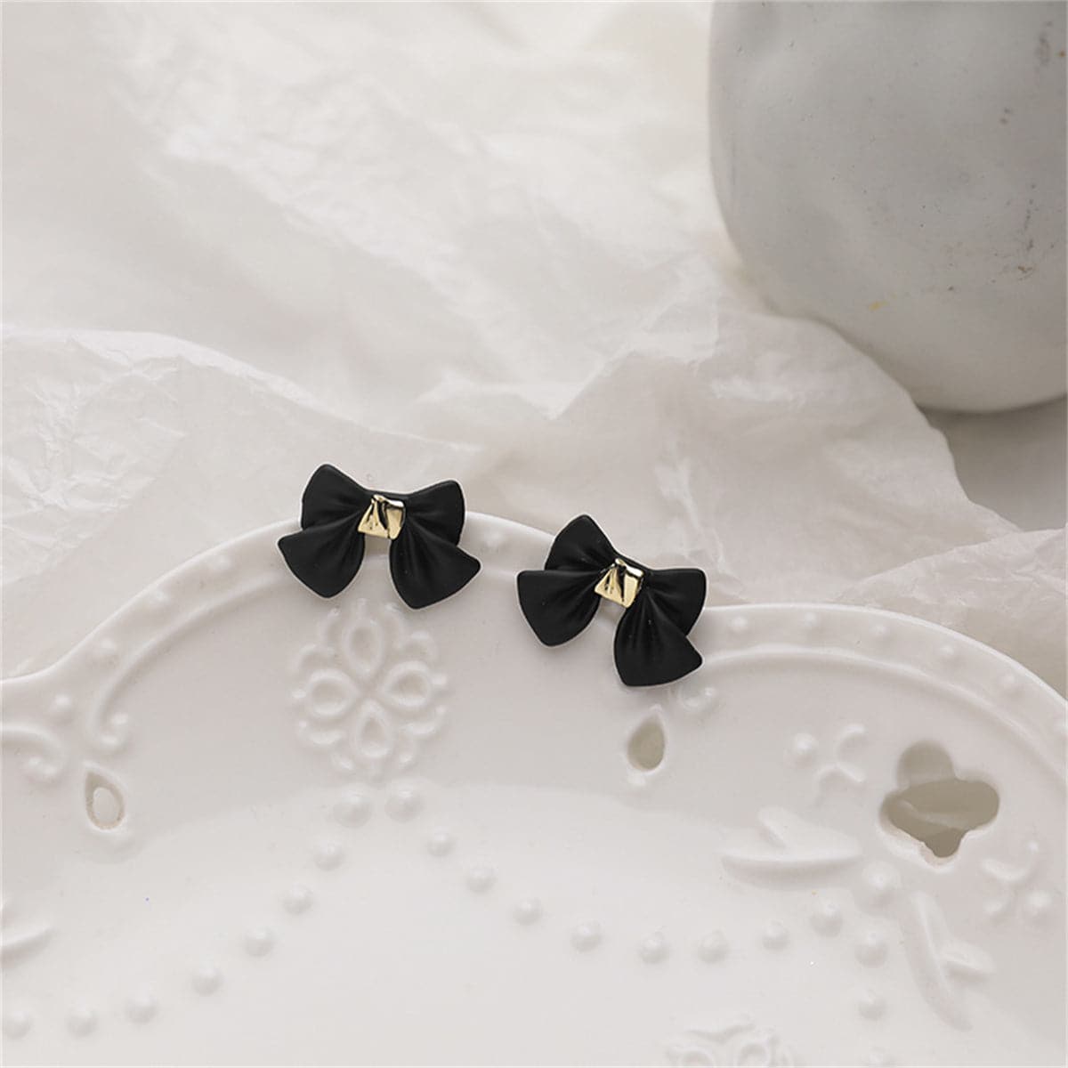 Black Enamel & Goldtone Bow Stud Earrings