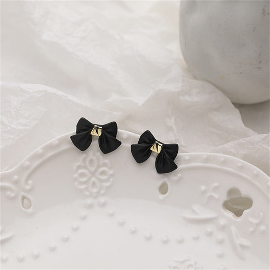 Black Enamel & Goldtone Bow Stud Earrings