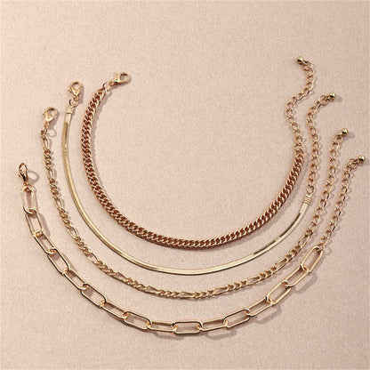 Goldtone Figaro & Snake Chain Anklet Set