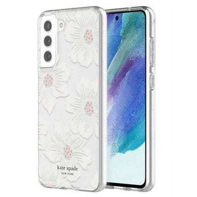 Kate Spade New York Defensive Hardshell Case for Samsung Galaxy S22 - Hollyhock Floral Clear/Cream with Stones/Cream Bumper